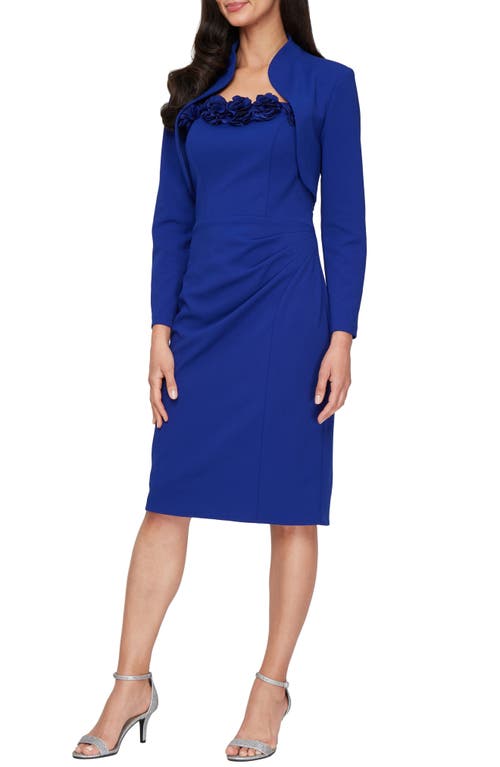 Alex Evenings Rosette Stretch Crepe Cocktail Dress With Bolero Jacket In Blue