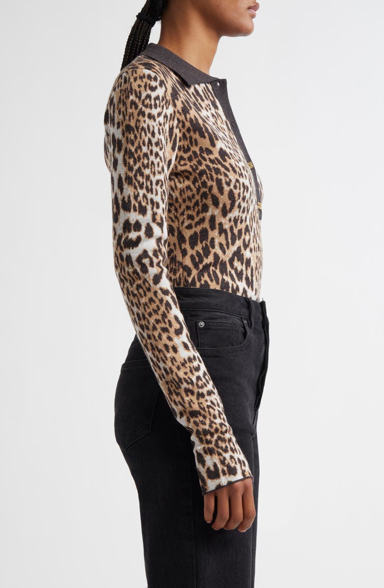 Ganni Leopard Stretch Organic Cotton Polo, Alternate, color, 