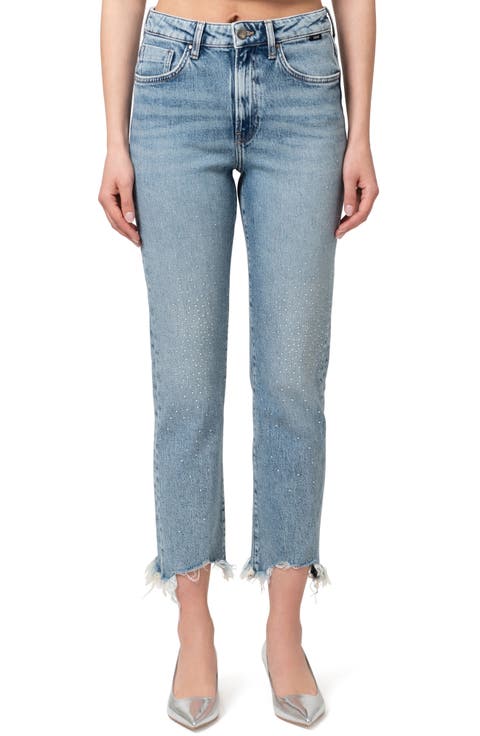 New York Rhinestone Chew Hem Ankle Straight Leg Jeans (Shiny Mid Denim)