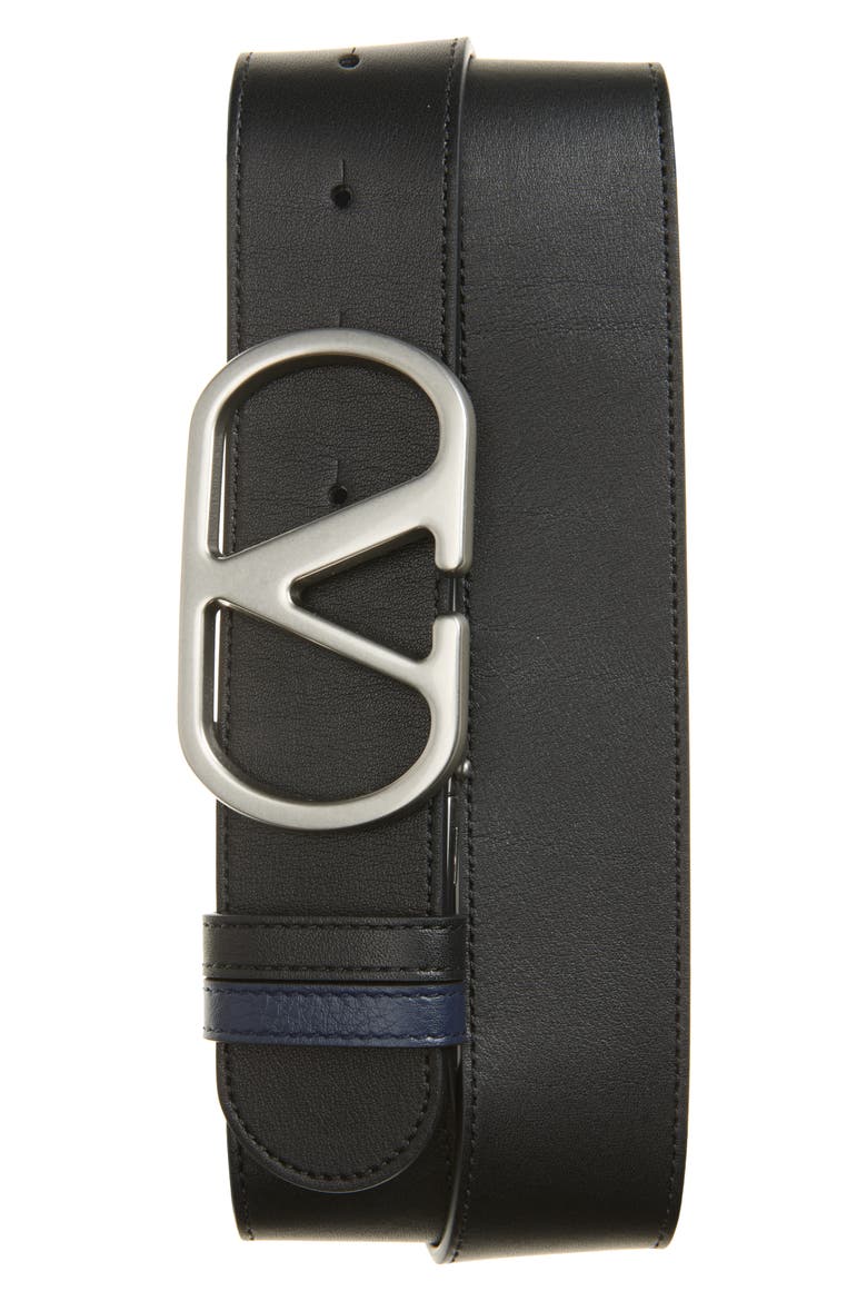 VLOGO Buckle Reversible Leather Belt, Main, color, BLACK