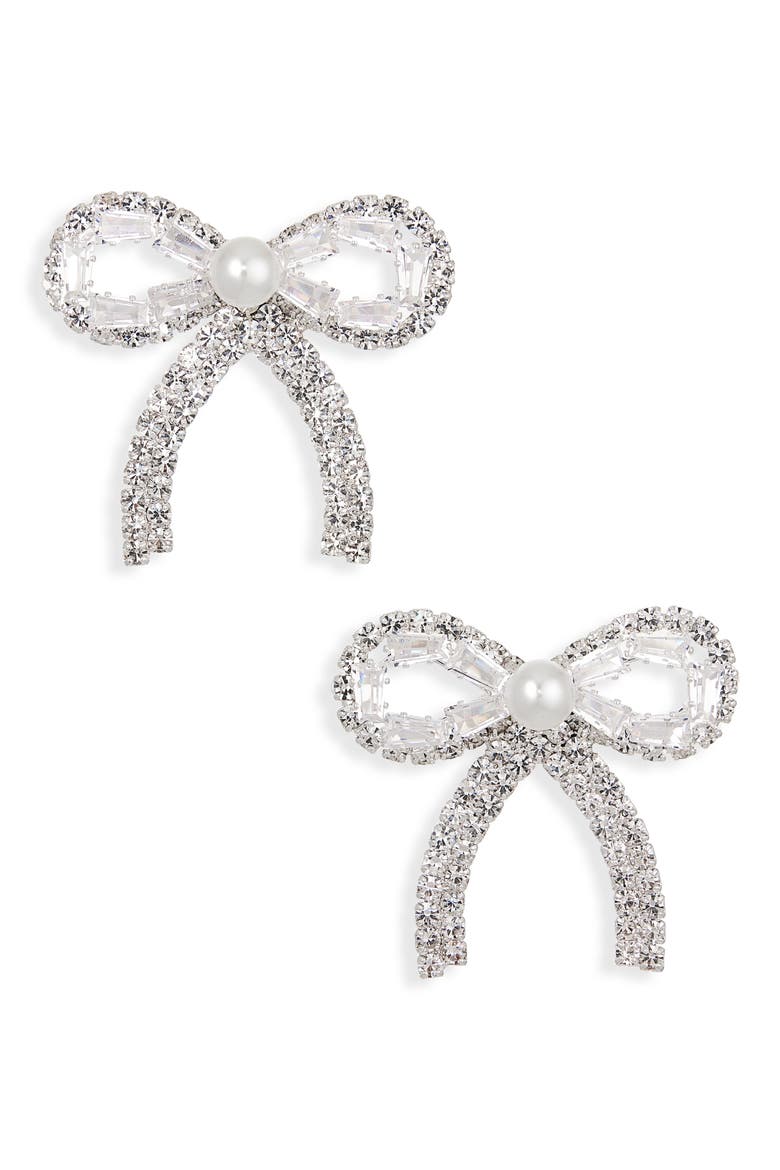 Faux Pearl & Crystal Bow Stud Earrings, Main, color, SILVER/CRYSTAL