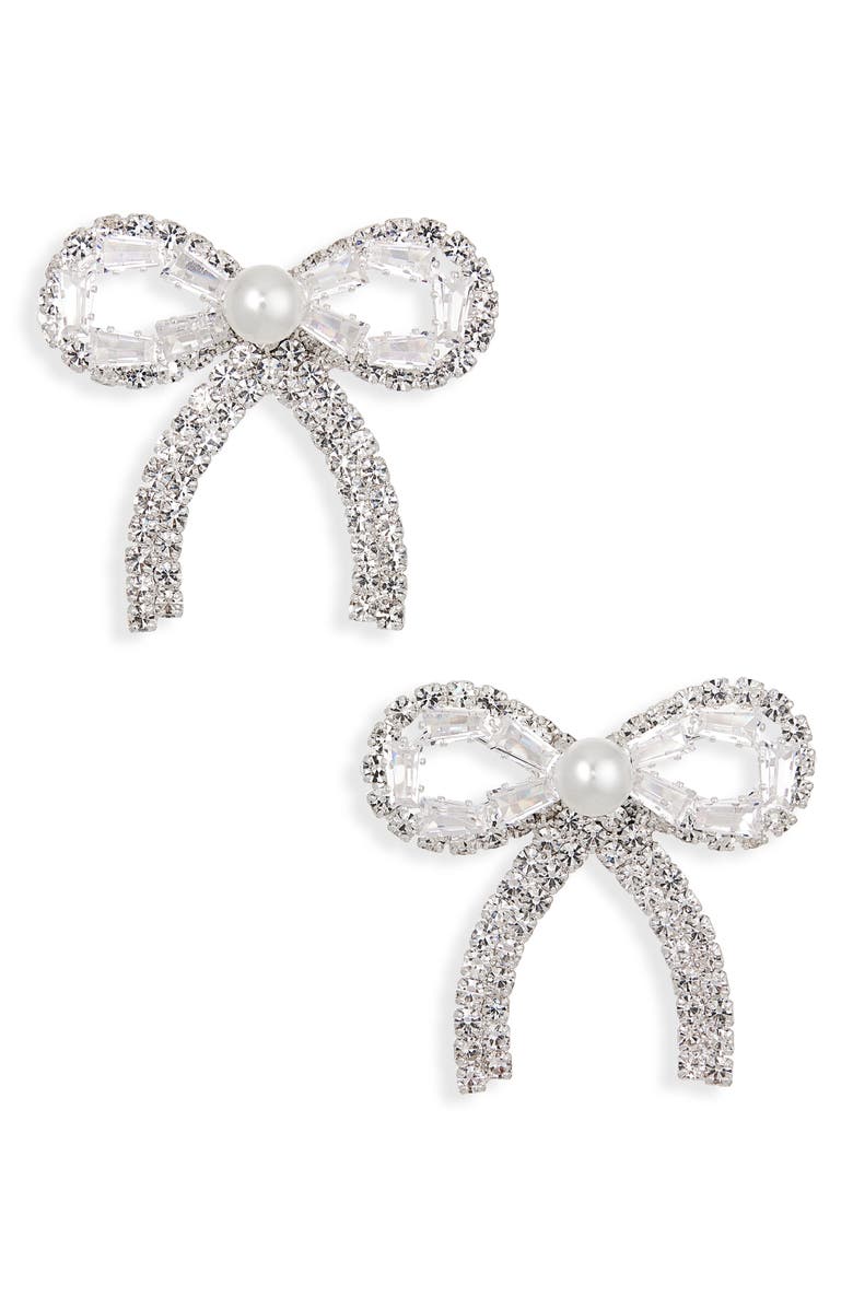 Tasha Faux Pearl & Crystal Bow Stud Earrings, Main, color, Silver/Crystal