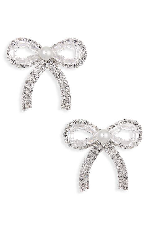 Faux Pearl & Crystal Bow Stud Earrings