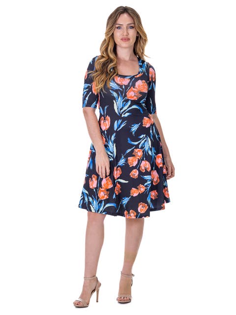 Floral Print Elbow Sleeve Knee Length Dress