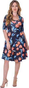 24seven Comfort Apparel Floral Print Elbow Sleeve Knee Length Dress