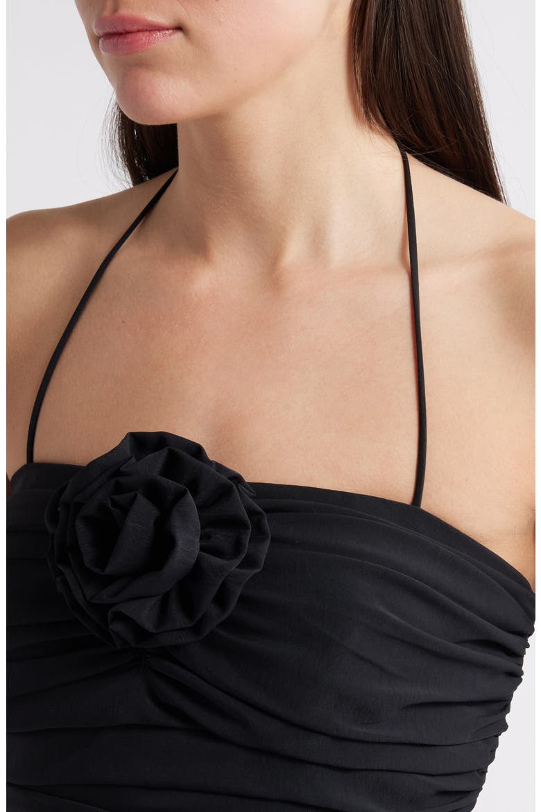 Faye Rosette Ruched Halter Minidress, Alternate, color, BLACK