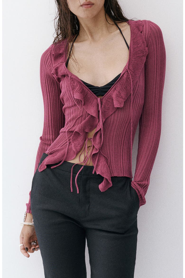Ruffle Rib Tie Front Cardigan, Main, color, WINE