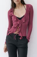 MANGO Ruffle Rib Tie Front Cardigan