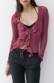 MANGO Ruffle Rib Tie Front Cardigan