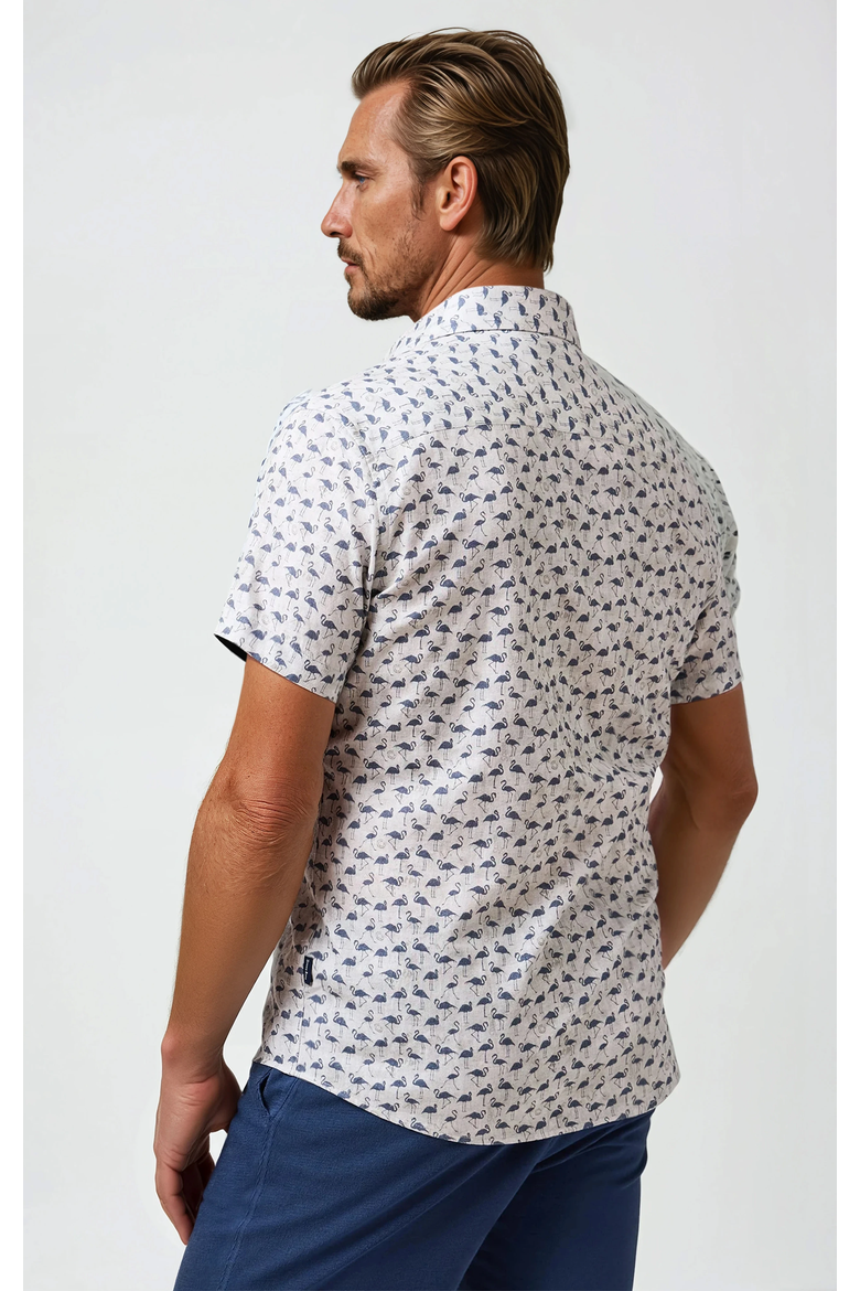 Linen Flamingo Print SS Button-Up Shirt, Alternate, color, Beige