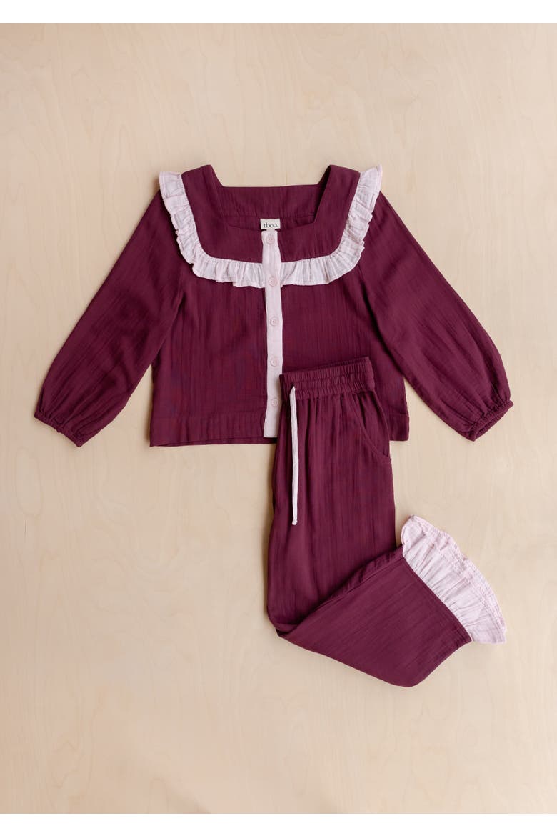 Cotton Cropped Leg Ruffle Pajamas, Alternate, color, Burgundy Ruffle