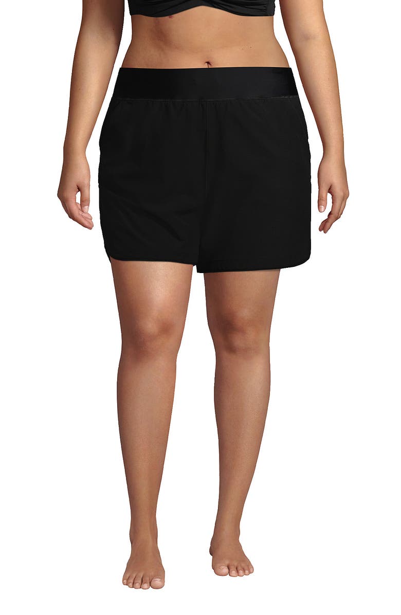 Lands' End 5" Quick Dry Elastic Waist Board Shorts Swim Cover-up Shorts with Panty, Main, color, Black