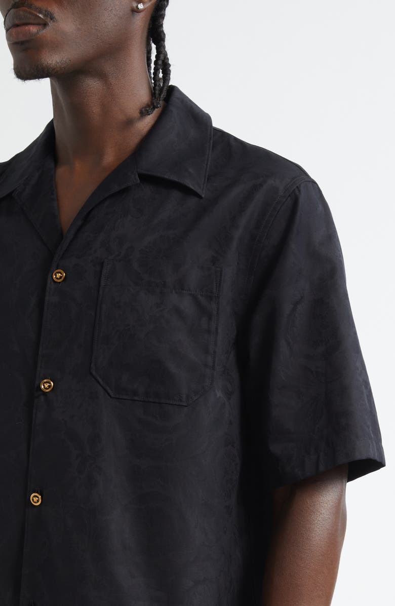 Versace Barocco Jacquard Cotton Poplin Camp Shirt, Alternate, color, Black