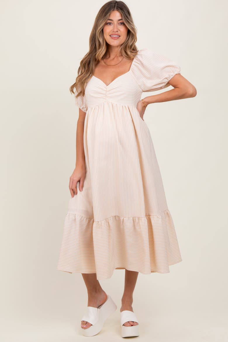 Sweetheart Stripe Smocked Back Midi Dress, Alternate, color, Beige