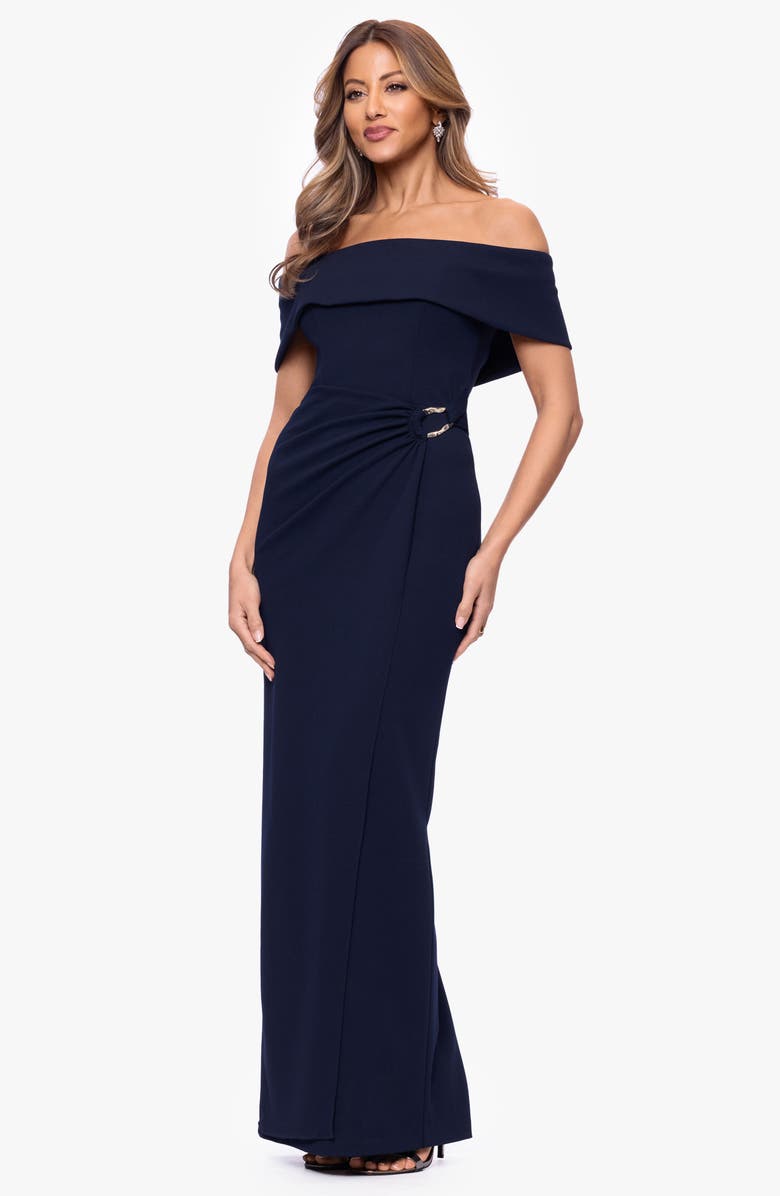 Xscape Evenings Off the Shoulder Scuba Crepe Gown, Alternate, color, Navy