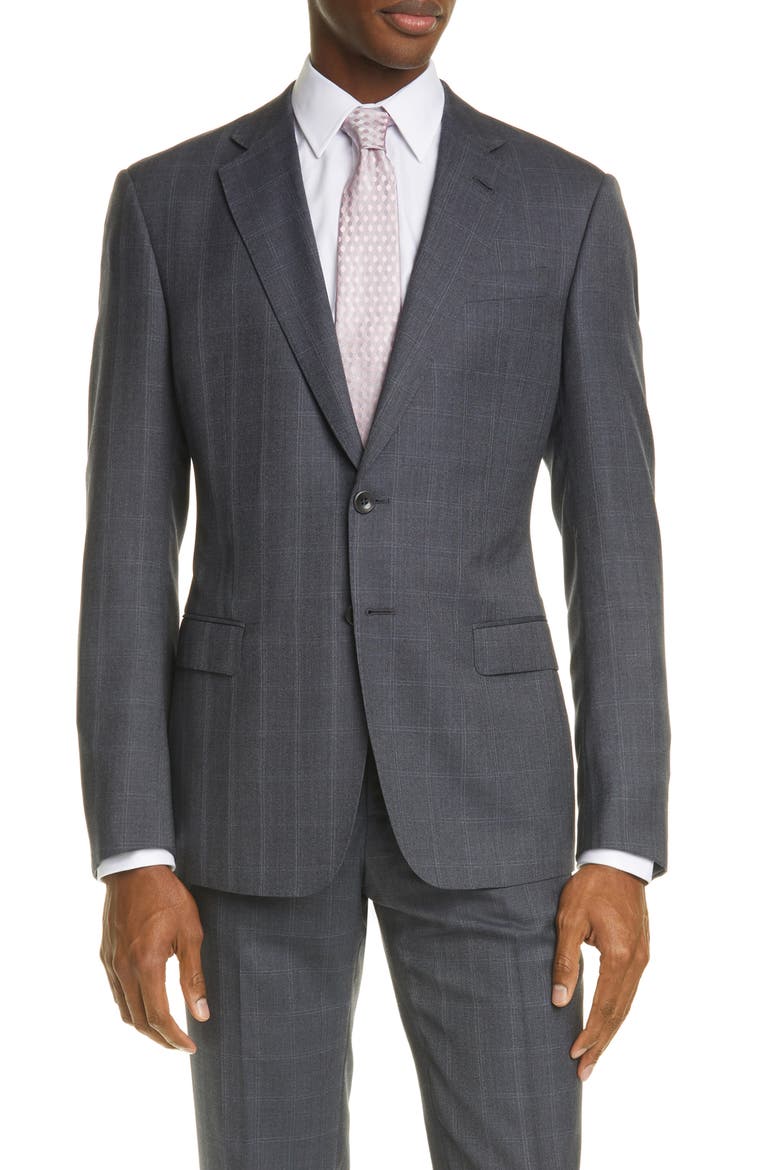Trim Fit Grey Windowpane Wool & Silk Suit, Main, color, CHARCOAL