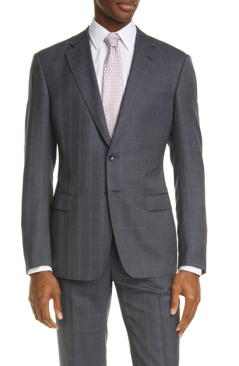 Giorgio Armani Trim Fit Grey Windowpane Wool & Silk Suit, Main, color, 