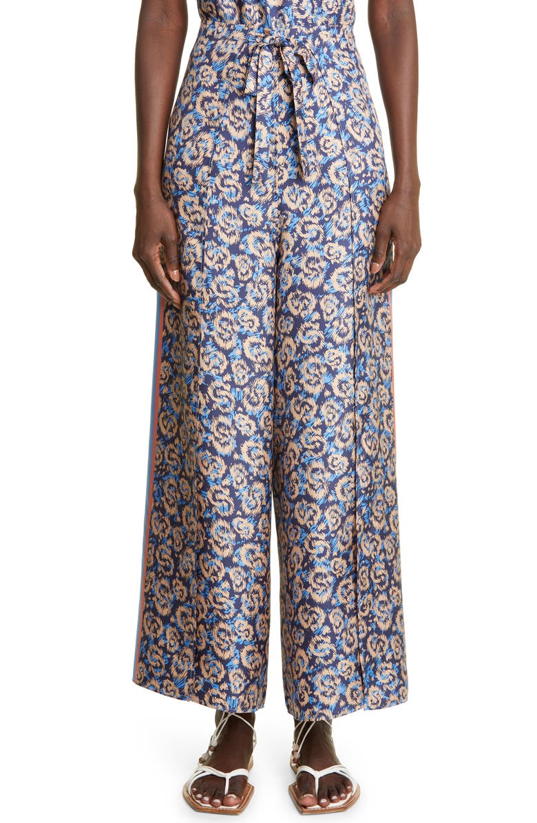 FERRAGAMO Leopard Print Tie Waist Silk Pants, Main, color, 