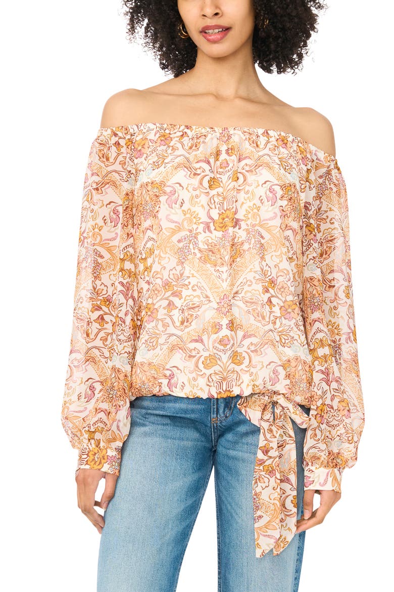 Off the Shoulder Tie Hem Top, Main, color, COZY PEACH