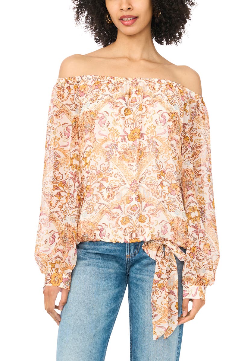 Vince Camuto Off the Shoulder Tie Hem Top, Main, color, Cozy Peach