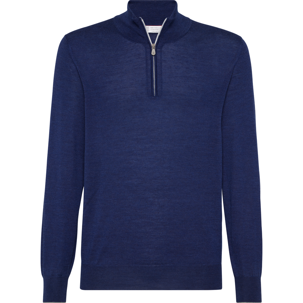 Brunello Cucinelli Blue Cashmere Blend Lightweight Half-zip Sweater