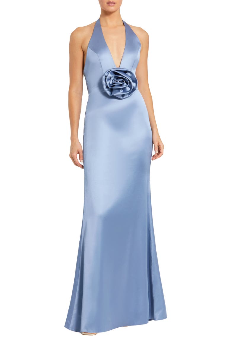 Fitted Satin Sleeveless Halter Gown With 3D Flower, Main, color, Slate Blue