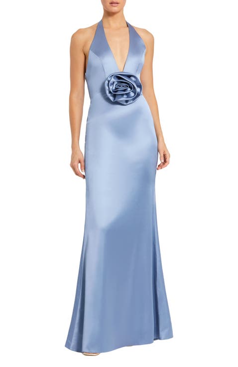 Fitted Satin Sleeveless Halter Gown With 3D Flower