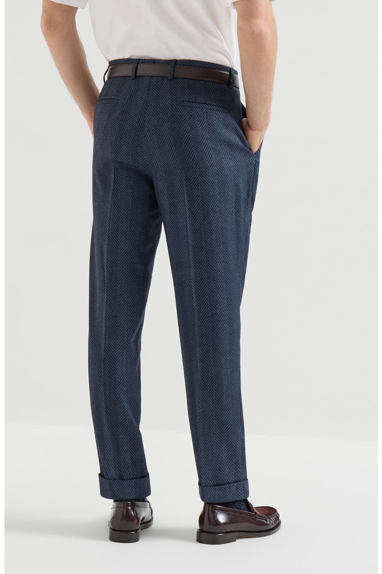 Cashmere and silk chevron flannel trousers with pleat, Alternate, color, Navy Blue