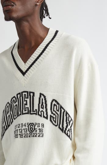 【送料&関税込】MM6 Maison Margiela V-neck Sweater Tan Frayed V-neck Sweater by MM6 Maison Margiela on Sale