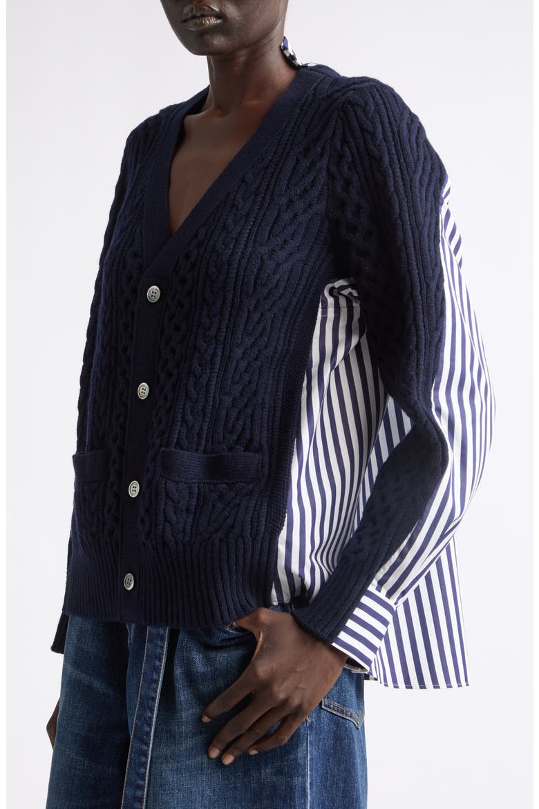 Mixed Media Wool Cable & Poplin Shirt Cardigan, Alternate, color, NAVY/ NAVY STRIPE