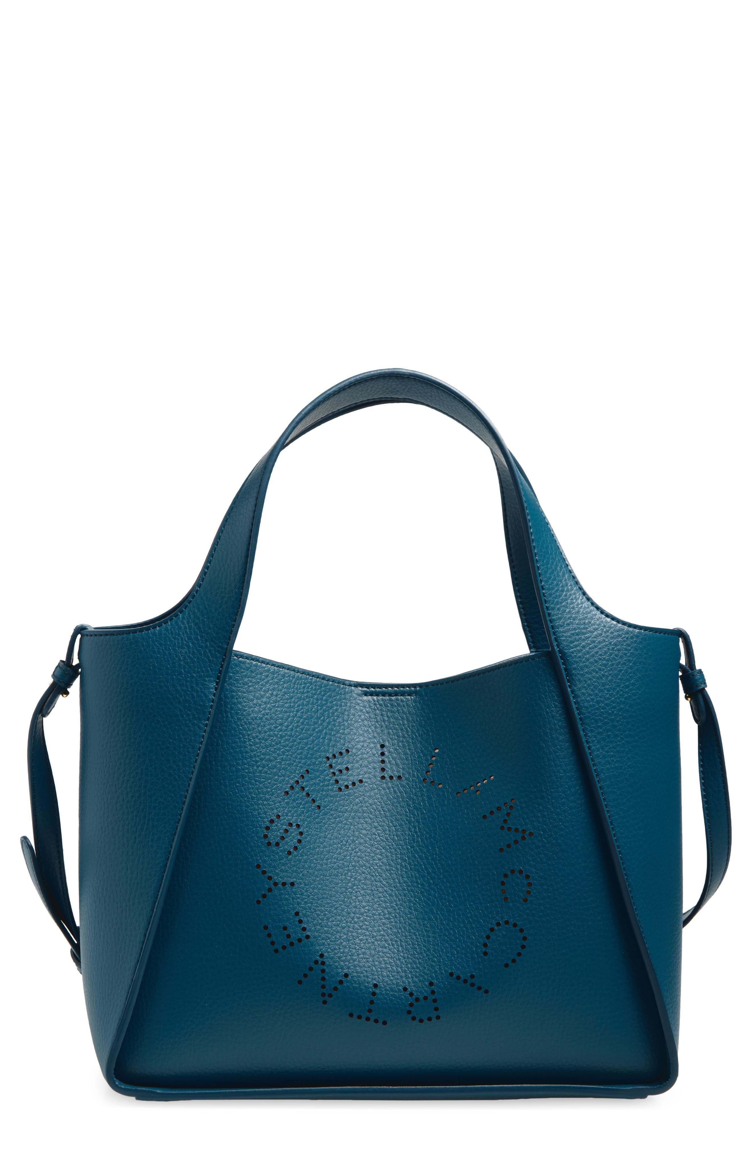 Stella McCartney Perforated Logo Grainy Faux Leather Tote, Main, color, Teal