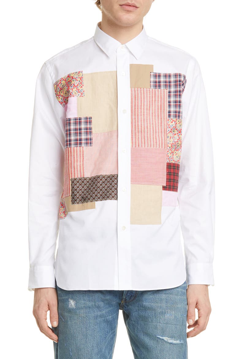Patchwork Long Sleeve Button-Up Shirt, Main, color, WHITE X MIX