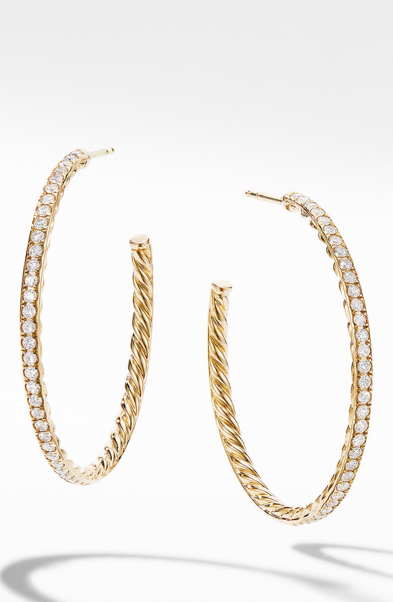 David Yurman Medium Hoop Earrings in 18K Yellow Gold with Pavé Diamonds, Main, color, 
