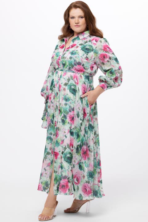 Long Sleeve Floral Button Down Plus Size Dress