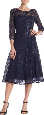 SL FASHIONS Lace Overlay Fit & Flare Midi Dress