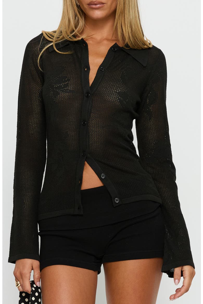 Marcita Floral Open Stitch Shirt, Main, color, BLACK