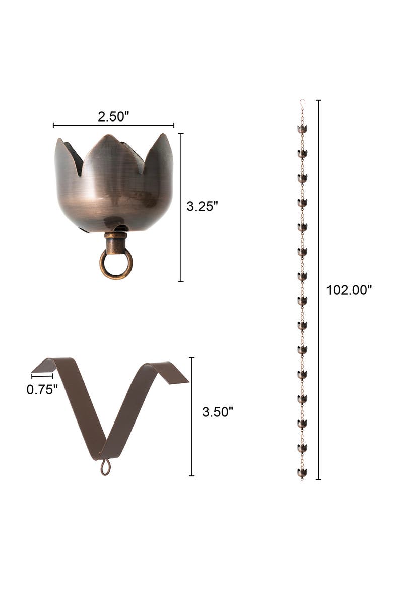Glitzhome 8.5ft 15-Piece Faux Copper Lotus Shaped Rain Chain with V-Shaped Gutter Clip, Alternate, color, Brown