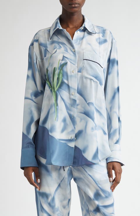 Piped Floral Silk Satin Button-Up Pajama Shirt