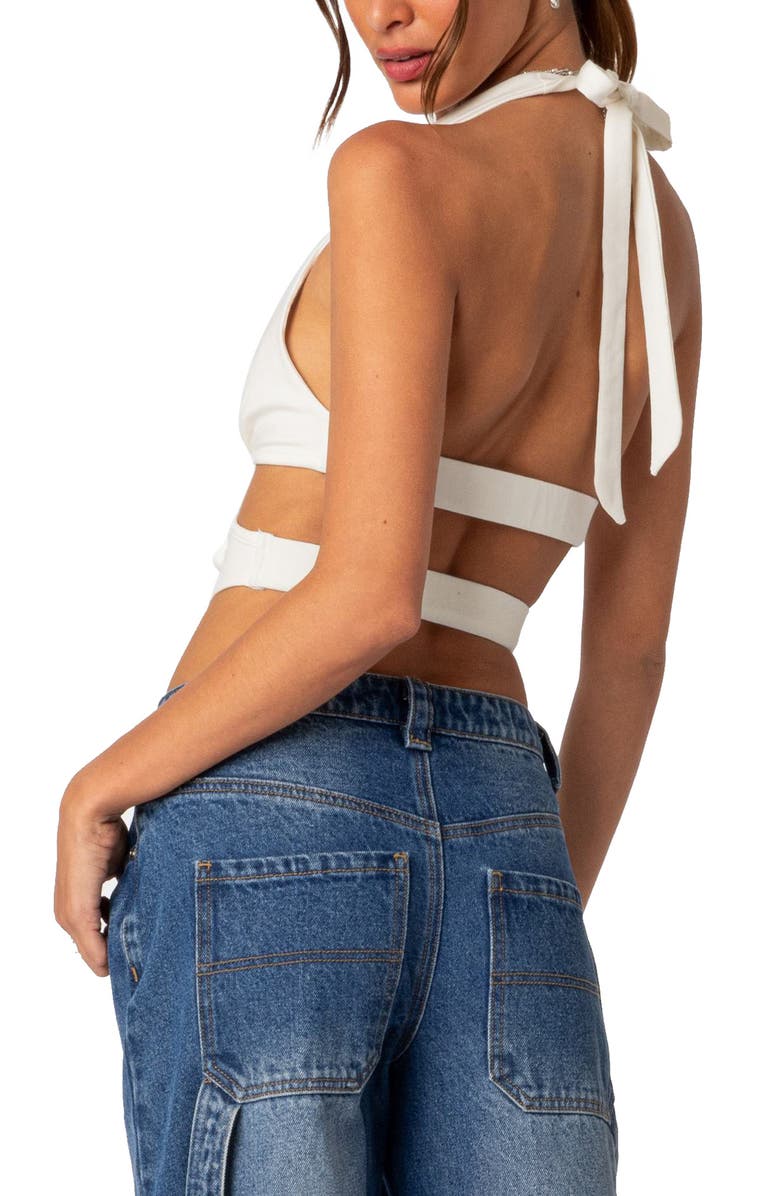 EDIKTED Cady Tie Front Halter Neck Stretch Cotton Top, Alternate, color,
