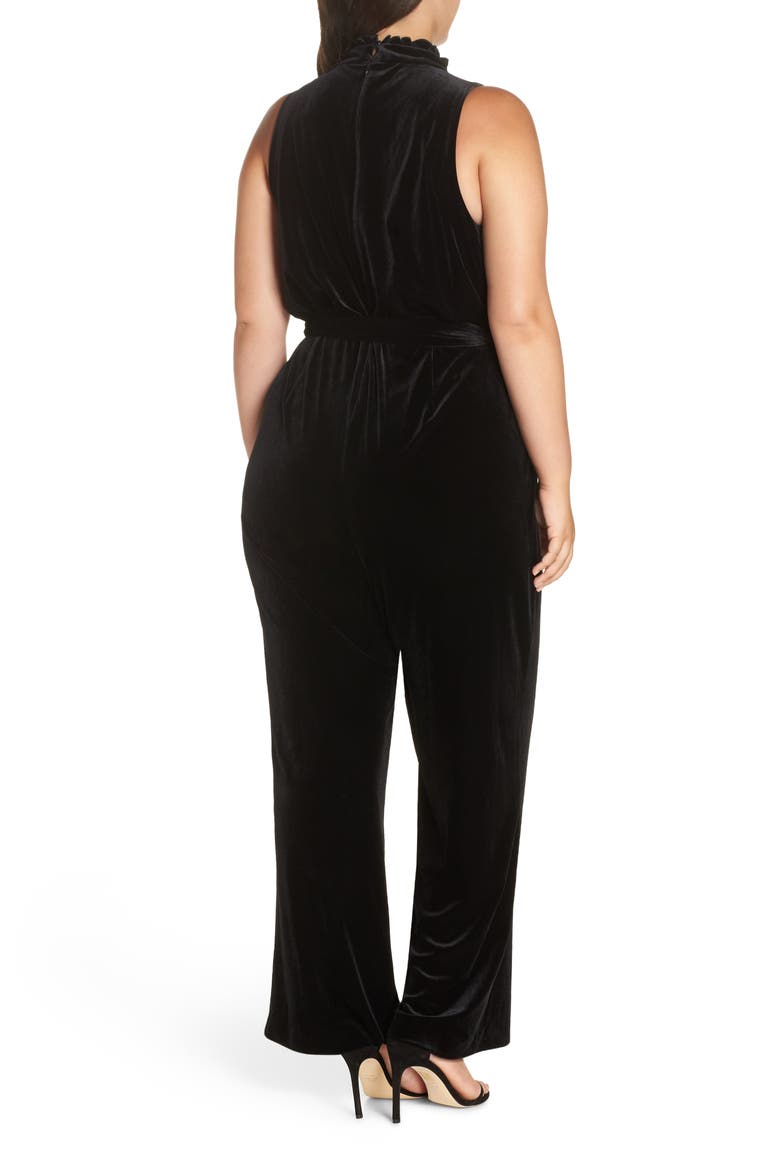 Ruffle Neck Velvet Jumpsuit, Alternate, color, BLACK