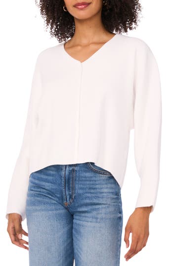 Vince Camuto Plus Womens Ribbed Trim Knit V-neck Sweater In White