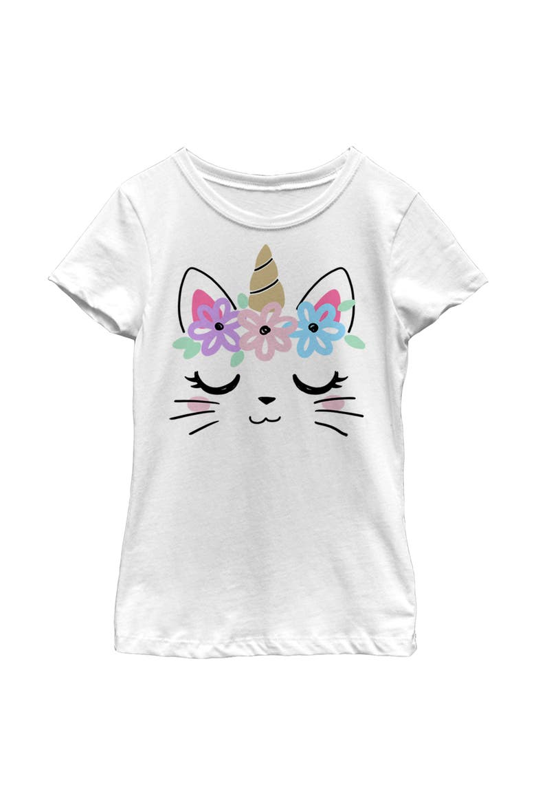 Girl's Lost Gods Kitty Unicorn with Flower Crown Graphic Tee, Main, color, White