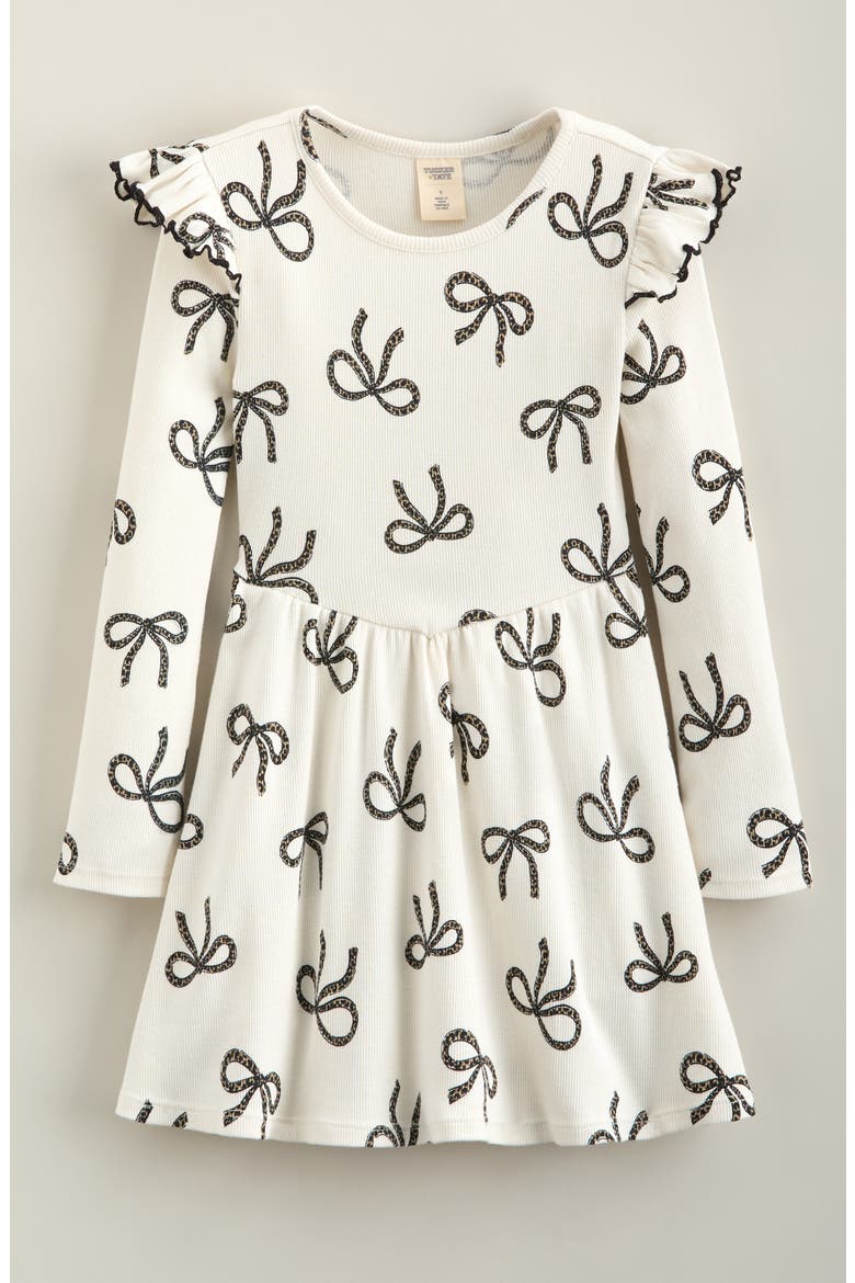 Kids' Ribbed Ruffle Dress, Main, color, IVORY TOFU LEOPARD BOWS