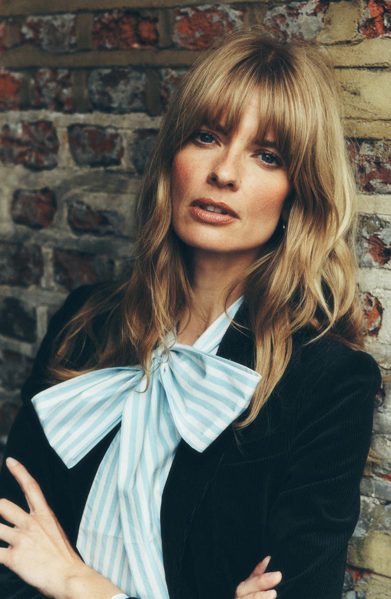 Boden Stripe Tie Neck Cotton Button-Up Shirt, Alternate, color,