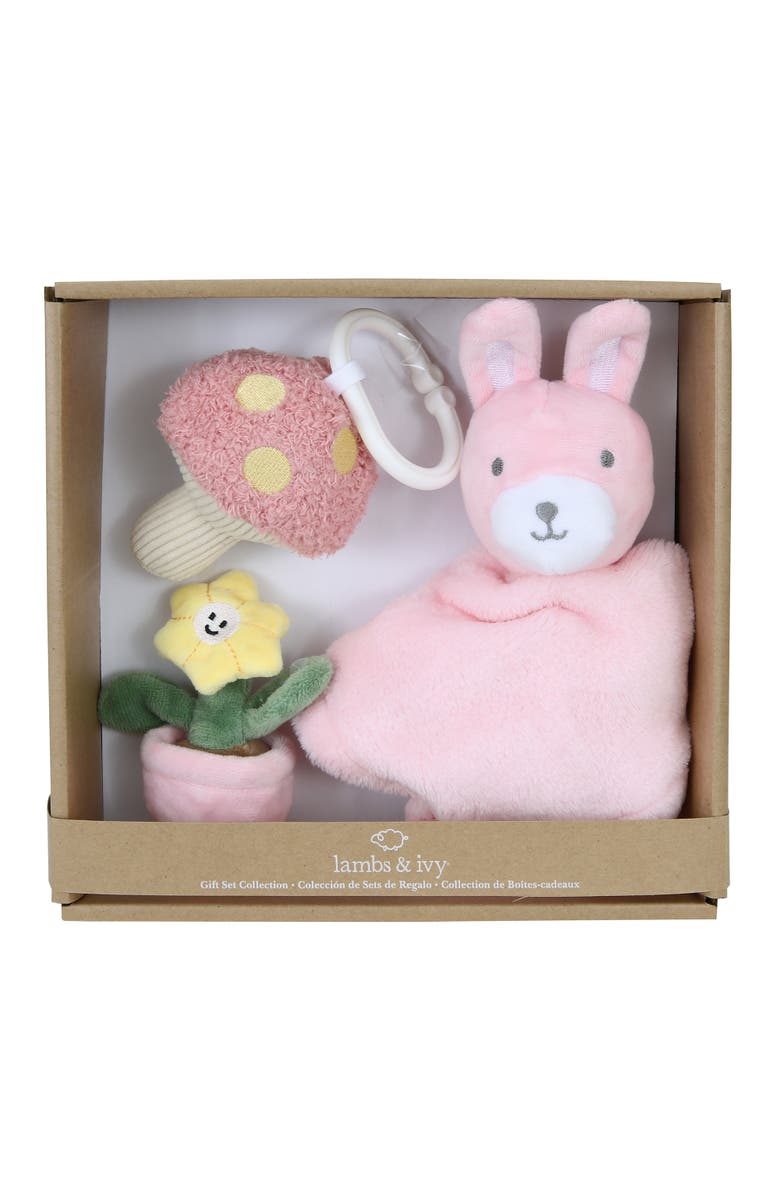 Lambs & Ivy Garden Bunny 3-Piece Developmental Infant Baby Plush Gift Set, Main, color, Pink