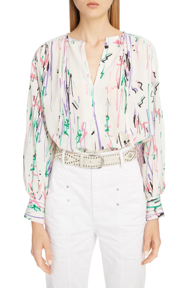 Scribble Print Stretch Silk Blouse, Main, color, ECRU