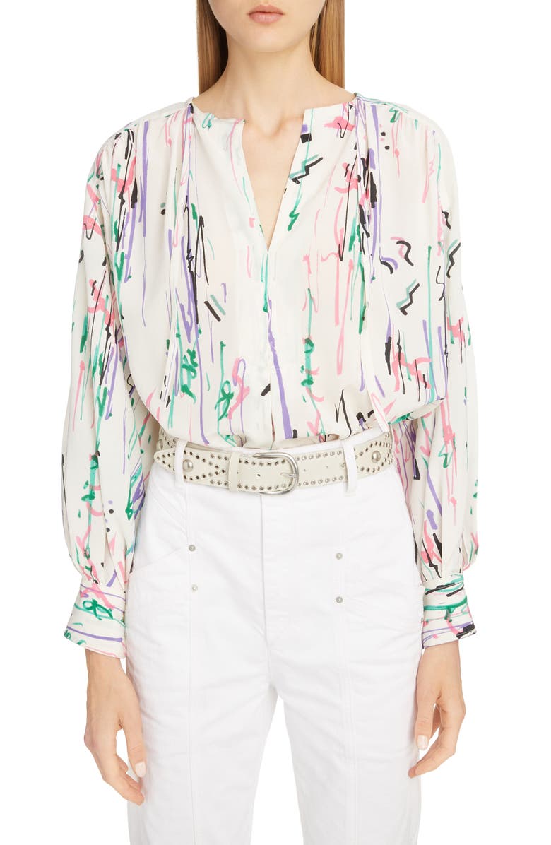 Isabel Marant Scribble Print Stretch Silk Blouse, Main, color, 