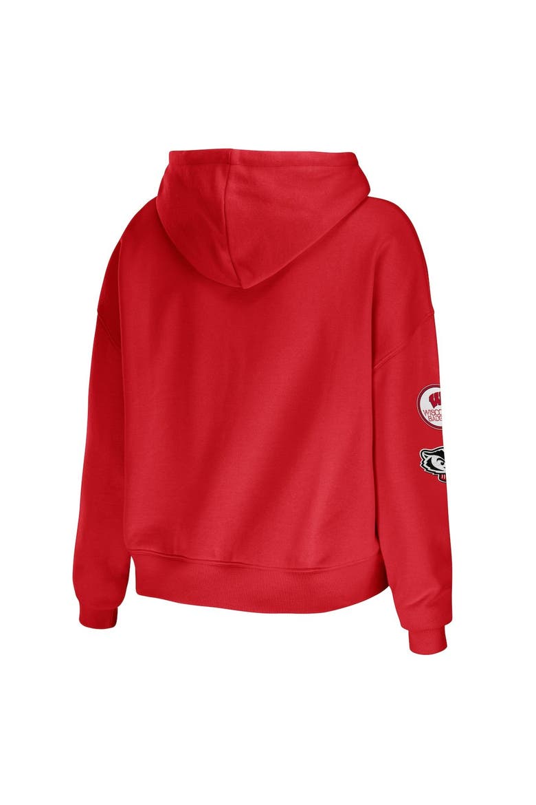 Women's WEAR by Erin Andrews Red Wisconsin Badgers Mixed Media Cropped Pullover Hoodie, Alternate, color, Red