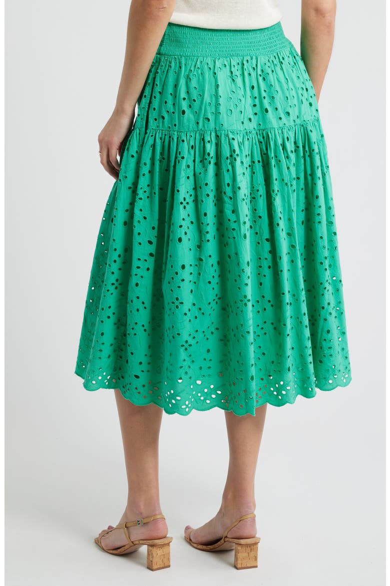 Smocked Waist Eyelet Midi Skirt, Alternate, color, GREEN EASE