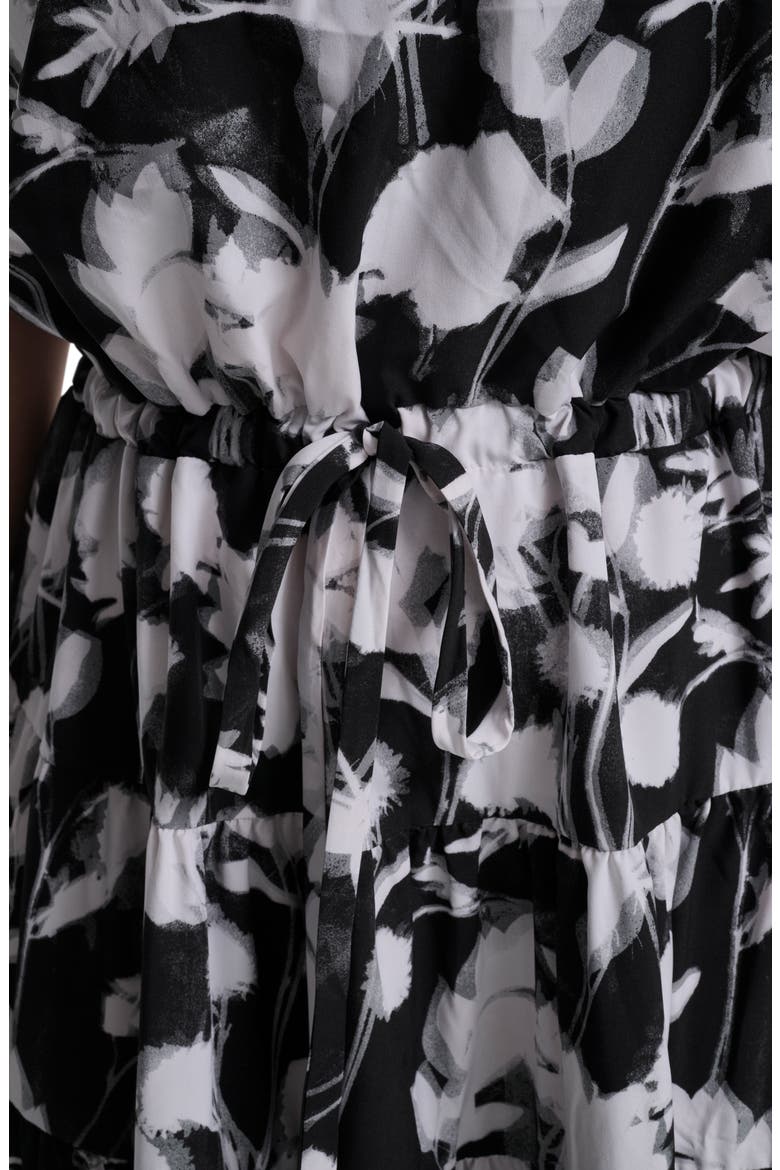 Floral Elbow-Length Sleeve A-Line Midi Dress, Alternate, color, BLACK/ WHITE